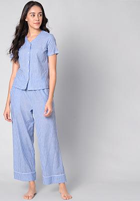 Blue Striped Short Sleeved Pyjama Set
