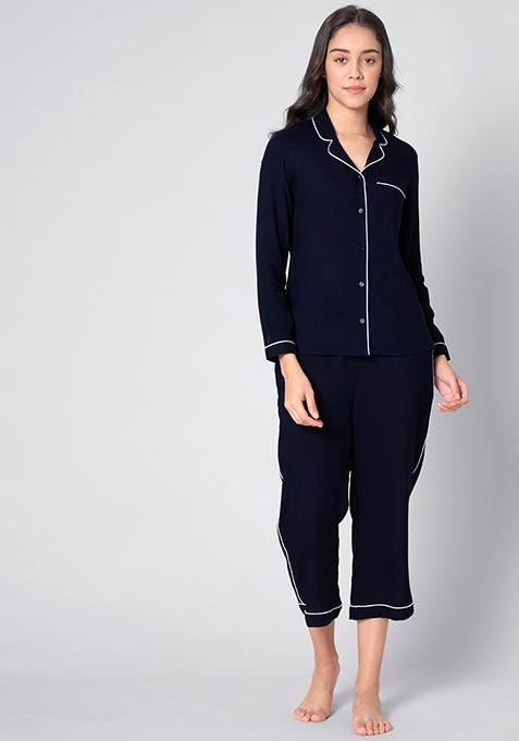 Buy Women Navy Pyjama Shirt Set - Trends Online India - FabAlley