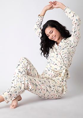 White Abstract Satin Belted Pyjama Set 