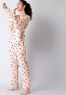 Peach Printed Satin Belted Pyjama Set  
