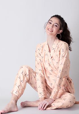 Peach Abstract Satin Belted Pyjama Set 