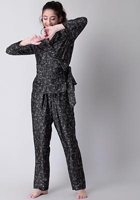 Black Abstract Satin Belted Pyjama Set 
