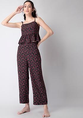 Black Pink Floral Tie Up Strappy Pyjama Set 