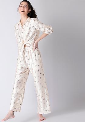 White Printed Satin Pyjama Set 