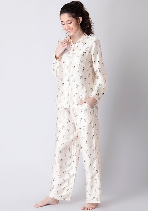 Buy Women White Printed Satin Pyjama Set - Pajama Sets Online India ...