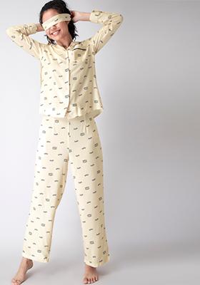 Beige Printed Pyjama Set 