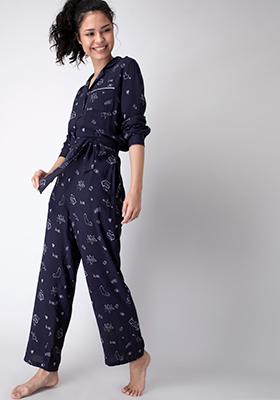 Navy Printed Pyjama Set 