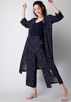 Navy Printed Robe Set with Navy Cami Top 