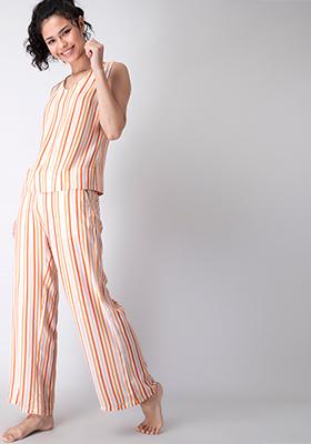White Striped Sleeveless Pyjama Set