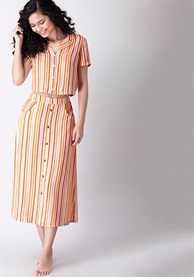 White Striped Cropped Shirt and Long Skirt Set