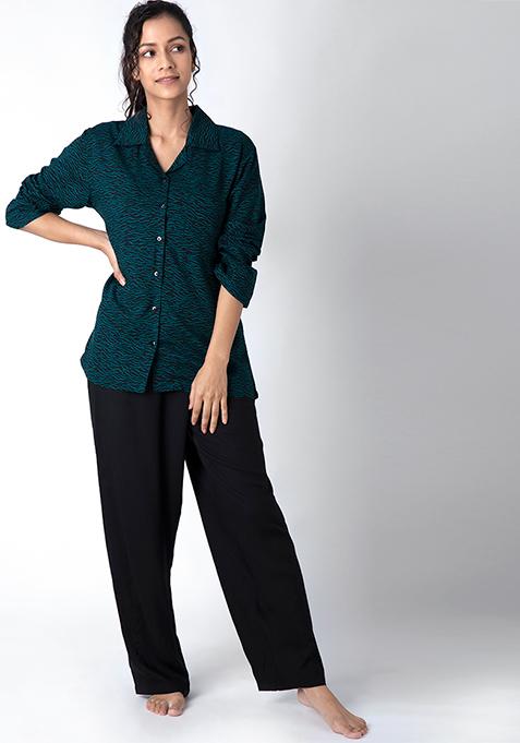 Blue Animal Print Pyjama Shirt Set 