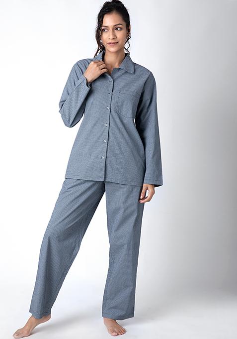 Navy Geo Cotton Pyjama Shirt Set