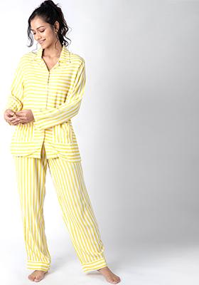 Yellow Striped Pyjama Shirt Set 
