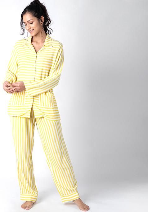 Yellow Striped Pyjama Shirt Set 