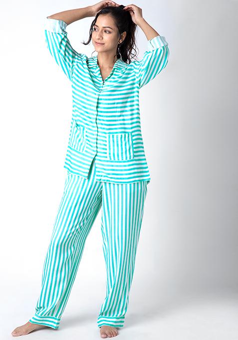 Green Striped Pyjama Shirt Set 