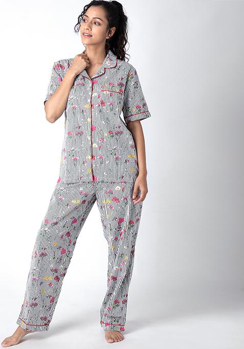 Multicolored Printed Pyjama Shirt Set