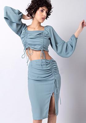 Blue Ruched Crop Top and Slit Skirt Co-ord Set