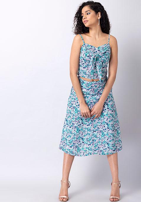 Blue Floral Strappy Crop Top and Midi Skirt Co-ord Set 