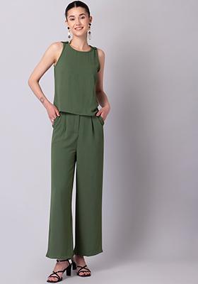 Olive Sleeveless Top and Straight Pants Co-ord Set