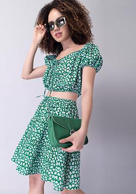 Green Floral Tie Up Top And Mini Skirt Co-ord Set
