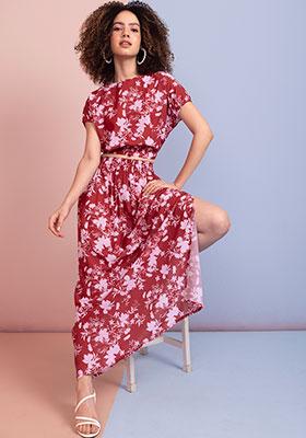 Red Floral Crop Top And Skirt Co-ord Set