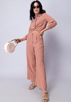 Peach Front Knot Shirt and Pant Co-ord Set 