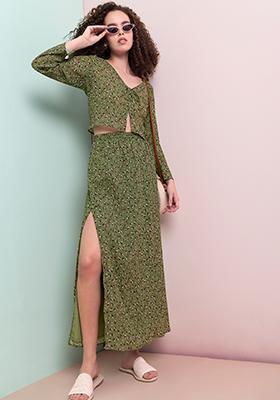 Green Floral Crop Top And Maxi Skirt Set 