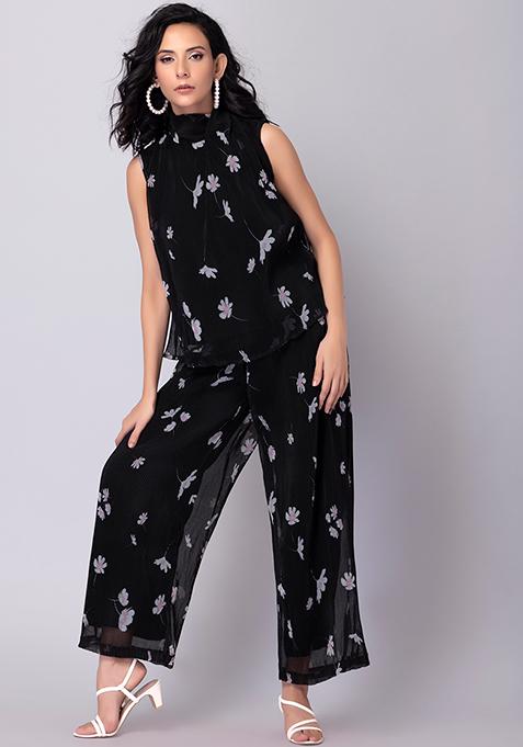 Black Floral Print Pleated Top And Bottom Set