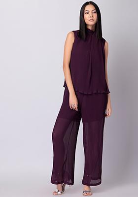 Wine Pleated Tie Up Top And Bottom Set 