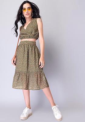 Olive Floral Crop Top And Midi Skirt Co-ord Set