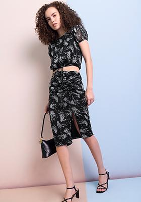Black Floral Tie Up Top And Midi Skirt Set 