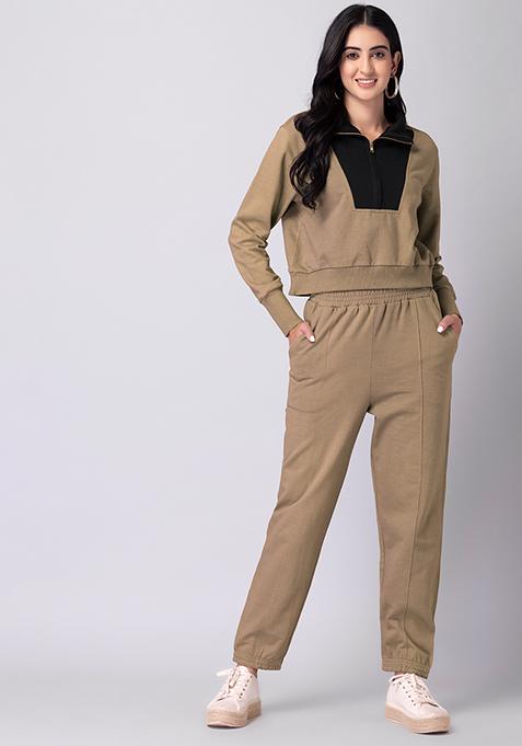 Beige And Black Colorblock Sweatshirt and Joggers Co-ord Set