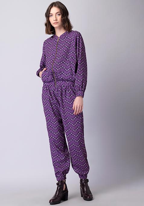 Purple Geometric Print Bomber Jacket and Jogger Pants Co-ord Set