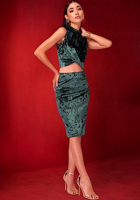 Green Velour Top And Pencil Skirt Co-ord Set