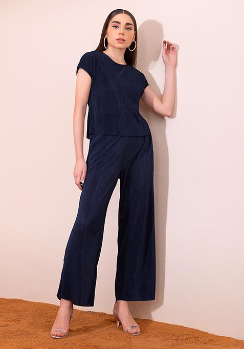 Dark Blue Drop Sleeve Top And Pants Co-ord Set