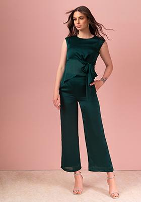 Green Side Tie Top And Pants Co-ord Set