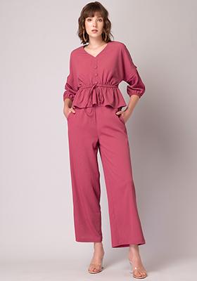 Pink Buttoned Crepe Top And Pants Co-ord Set