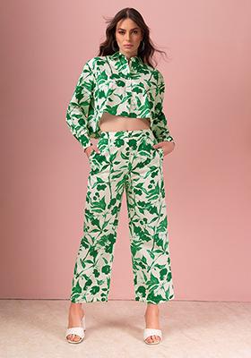 White And Green Floral Print Cotton Top And Pants Co-ord Set
