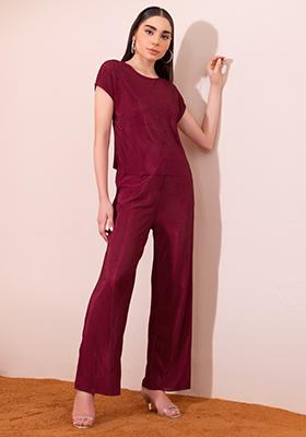 Maroon Drop Sleeve Top And Pleated Trousers Co-ord Set