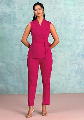Hot Pink Sleeveless Blazer With Belt And Pants Co-ord Set