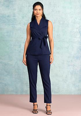 Navy Blue Sleeveless Blazer With Belt And Pants Co-ord Set