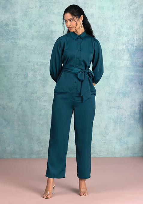 Teal Blue Collared Shirt With Pants And Belt Co-ord Set 