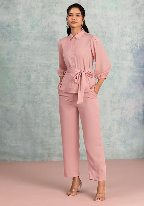 Light Pink Collared Shirt With Pants And Belt Co-ord Set 