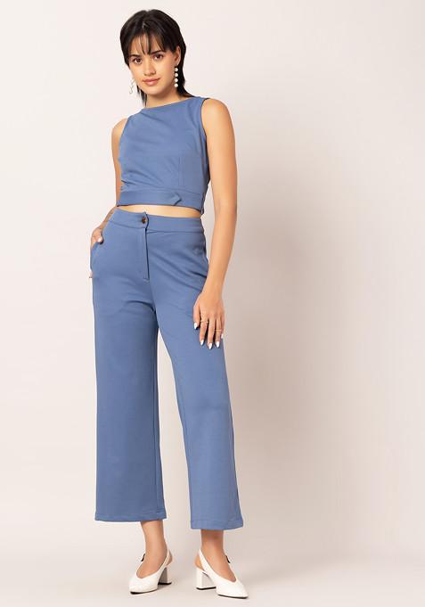 Blue Sleeveless Crop Top And Straight Fit Trousers Co-ord Set