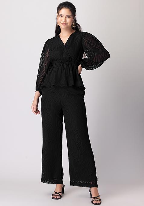Buy Women Black Peplum Wrap Top And Trousers Co-Ord Set - AW '23 Online ...