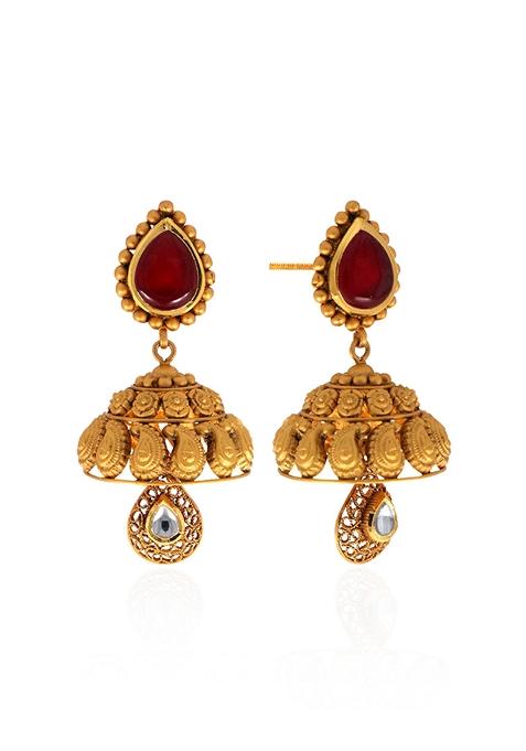 Indya X Senco Gold Ethnic Bliss Antique Gold Kundan Jhumka Earrings