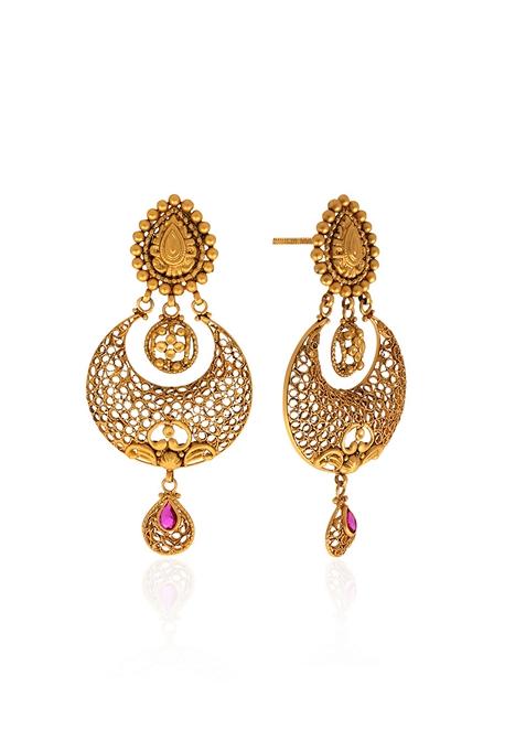 Indya X Senco Gold Traditional Antique Gold Chandbali Earrings