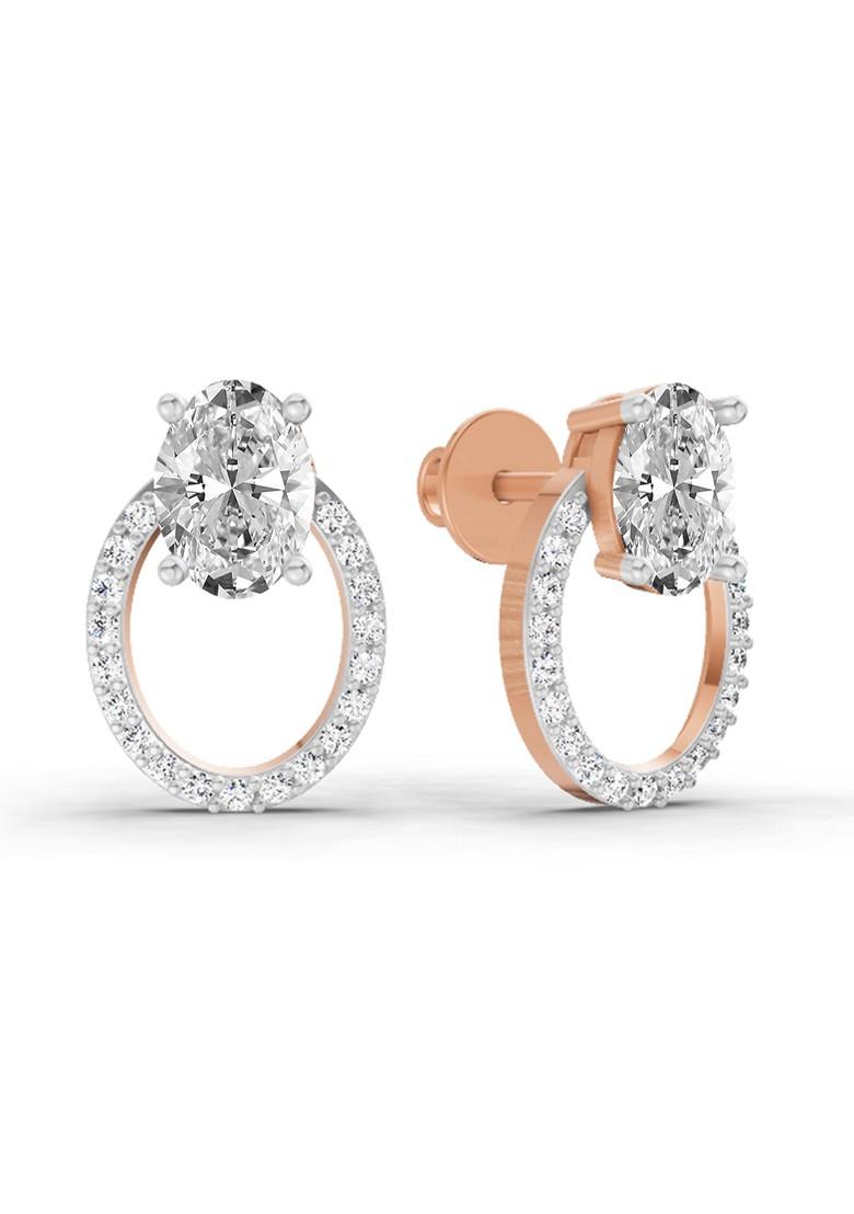 14Kt Rose Gold Lab Grown Diamond 1.73 Carat Oval Halo Stud Earrings For Women