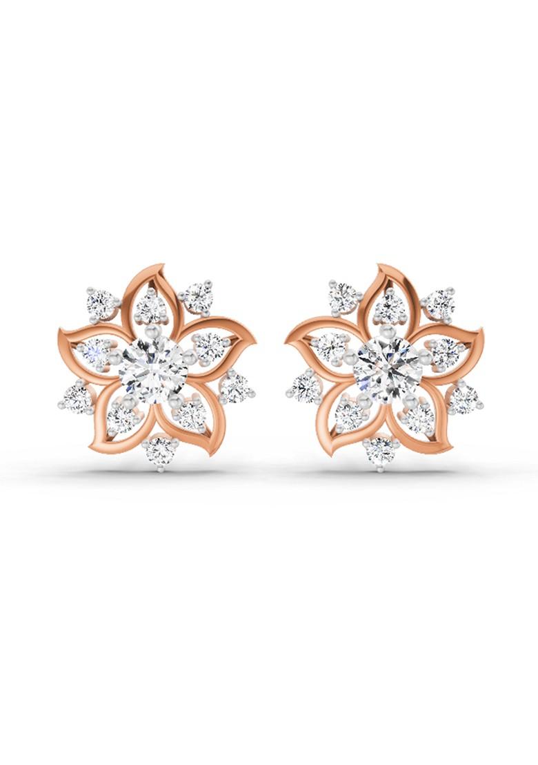 14Kt Rose Gold Lab Grown Diamond 0.91 Carat Round Flower Stud Earrings For Women