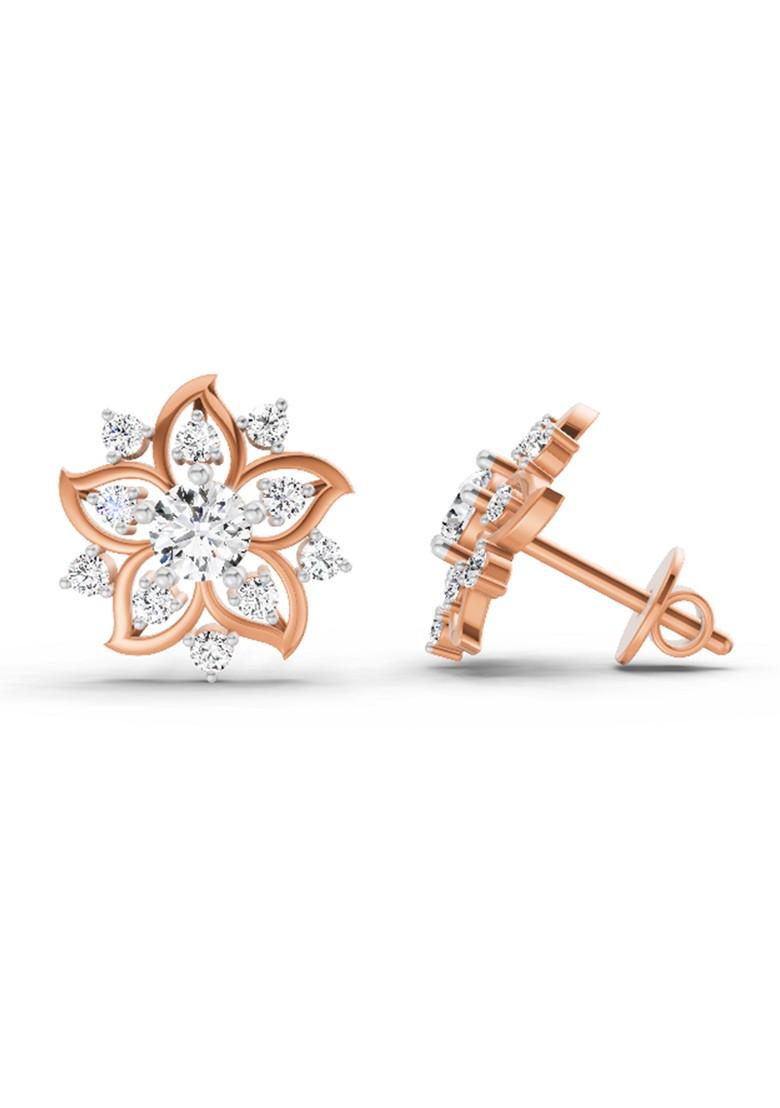 14Kt Rose Gold Lab Grown Diamond 0.91 Carat Round Flower Stud Earrings For Women